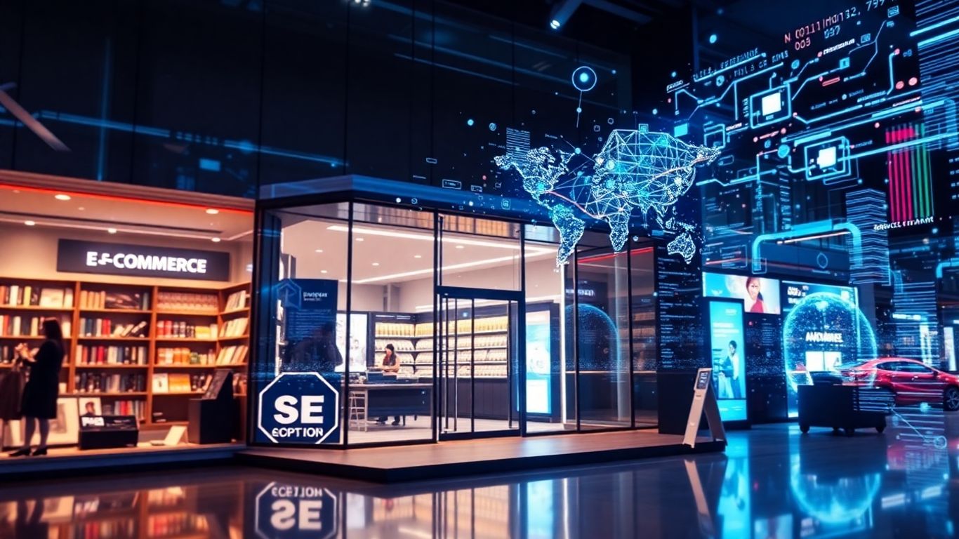 E-commerce storefront with digital interfaces and data flow.