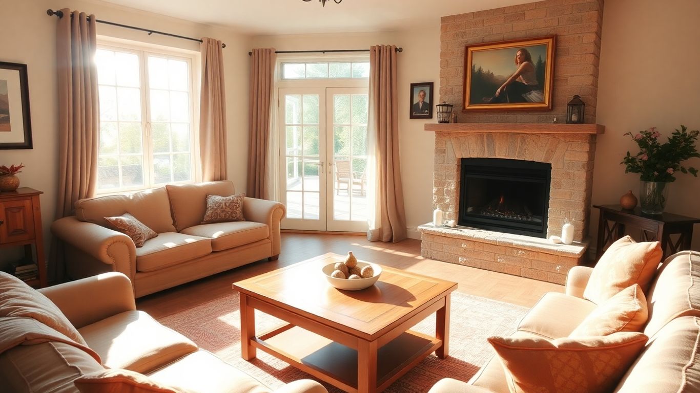 Sala de estar acogedora con luz natural y chimenea.
