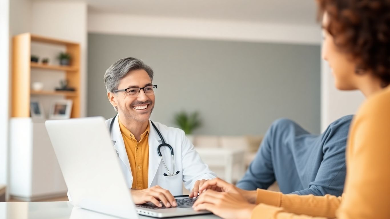 Doctor on laptop screen consulting with patient.