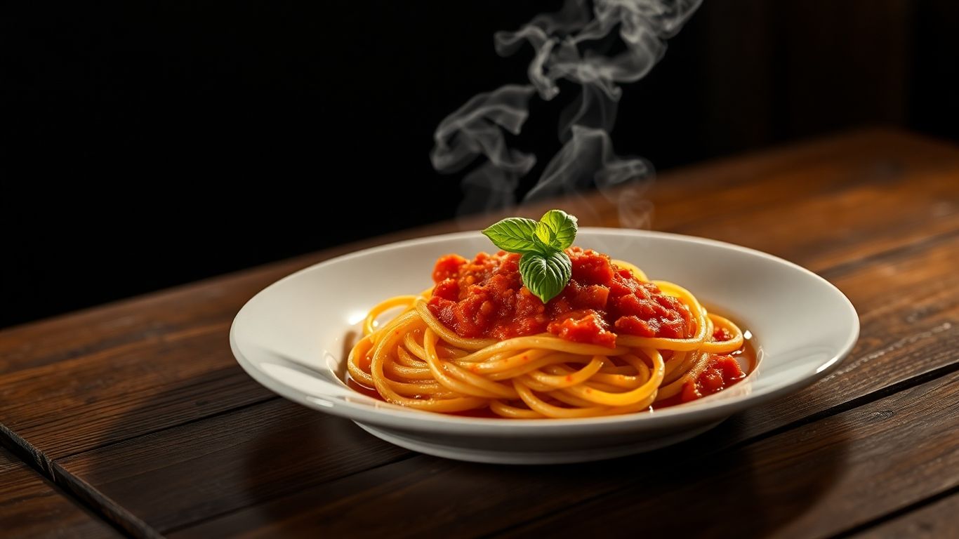 Single serving pasta dish with red sauce and basil.