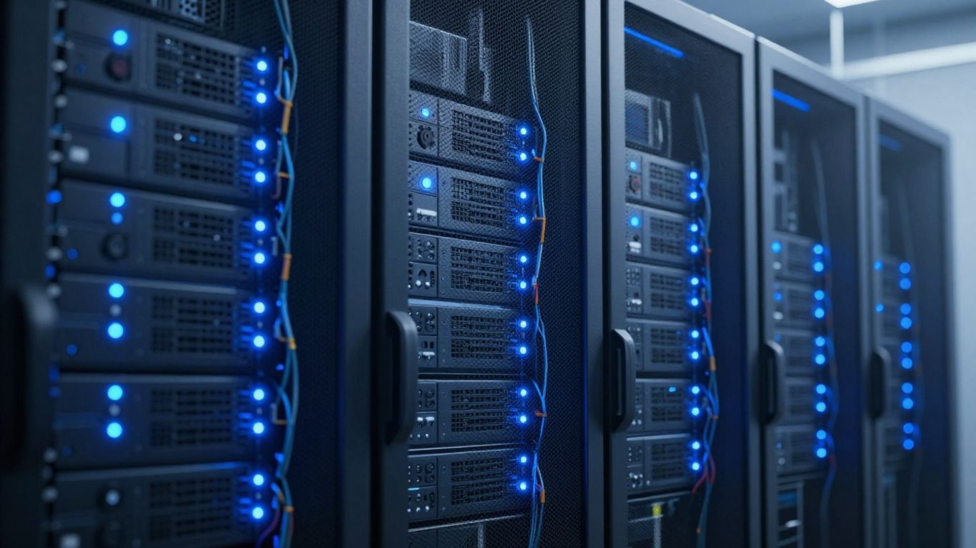 Secure server room with glowing lights and cables.