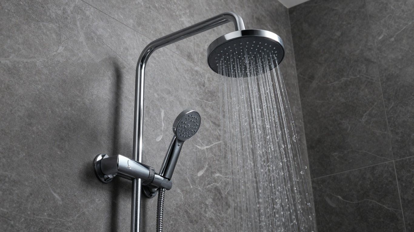 Modern bathroom shower fixtures with chrome finish.