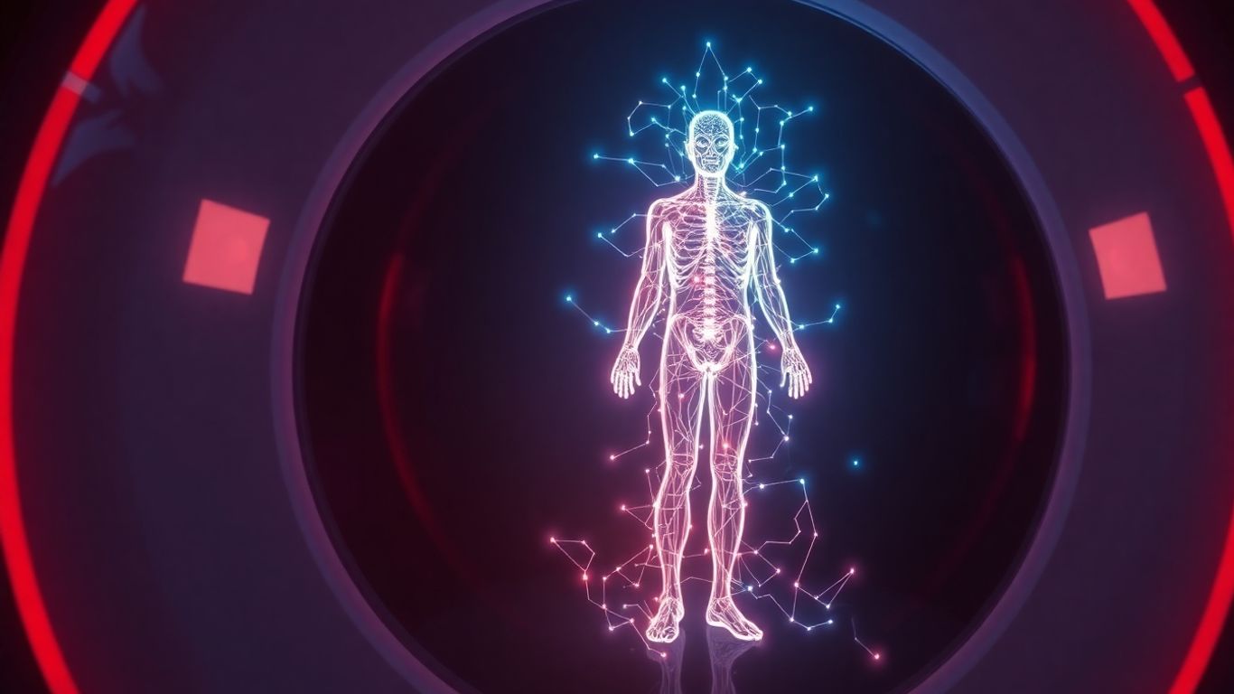 Futuristic medical scanner with glowing human silhouette and data lines.