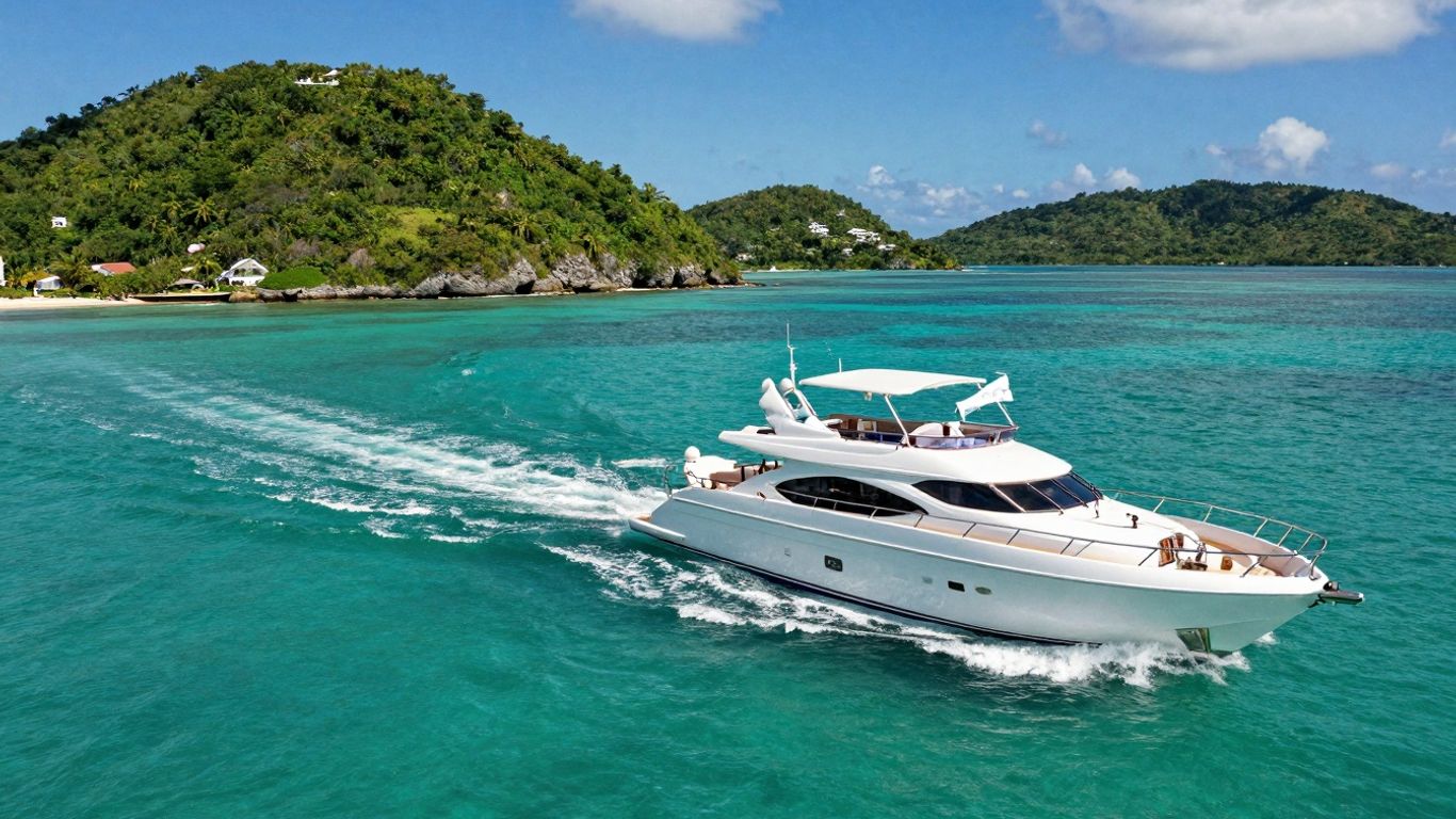 Luxury yacht sailing in clear Caribbean waters near islands.