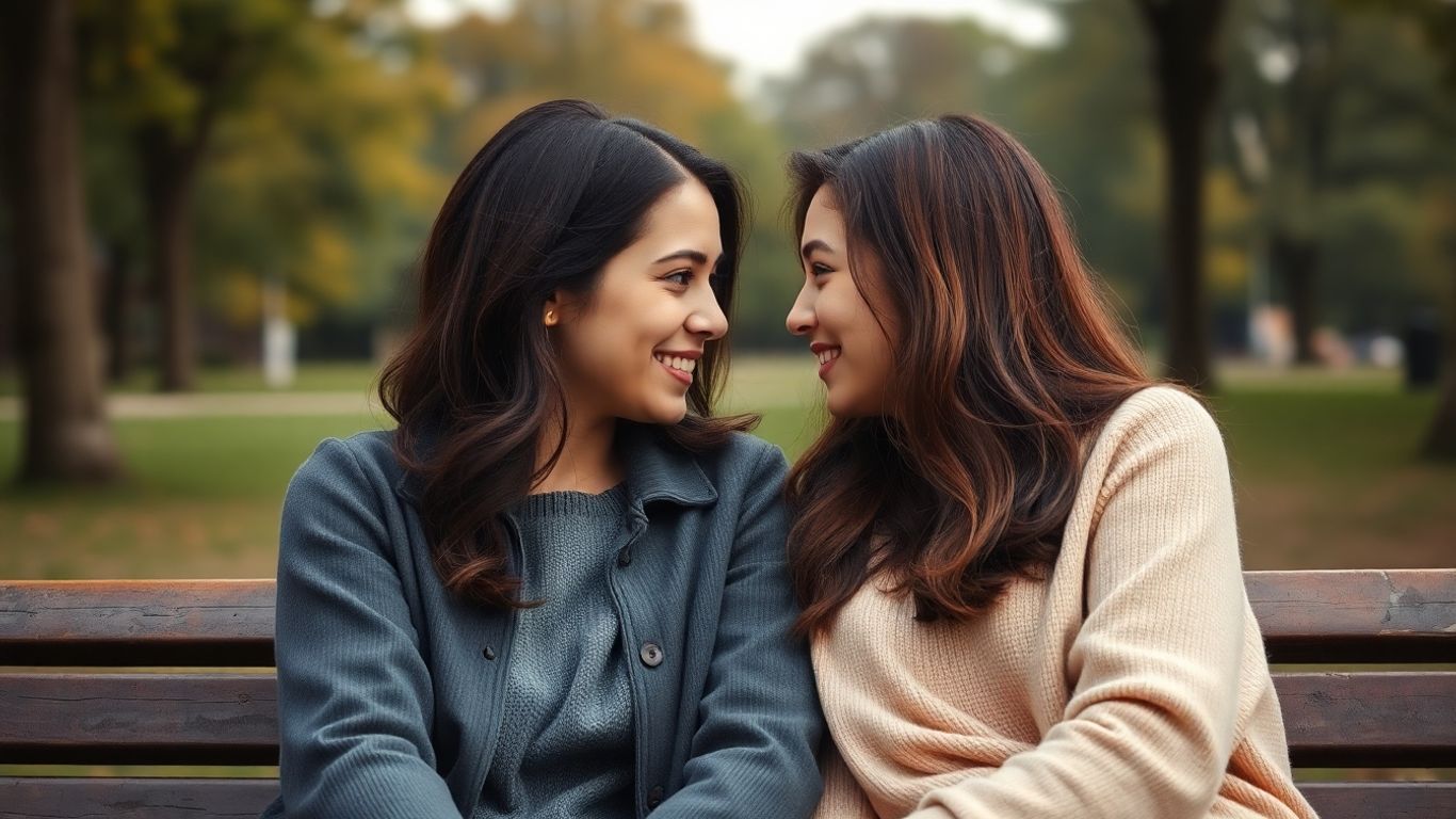 Two people sharing a moment of connection on a park bench.