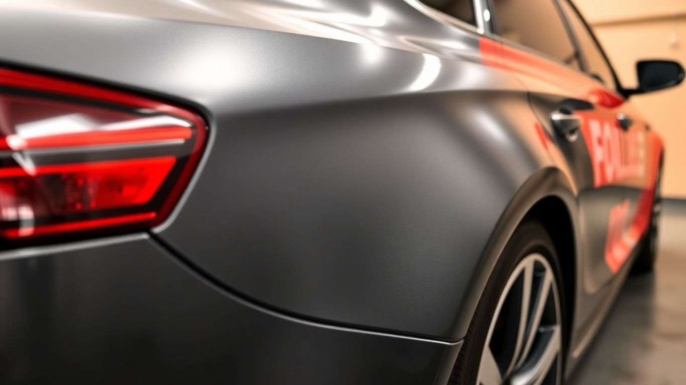 Car wrap with visible bubbles and wrinkles.