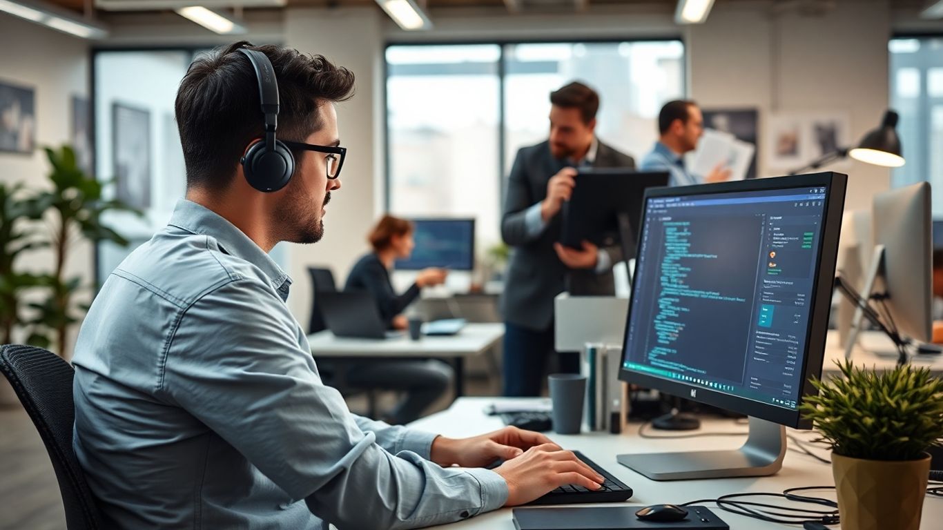 Desarrollador trabajando en entorno de oficina con computadora y código.