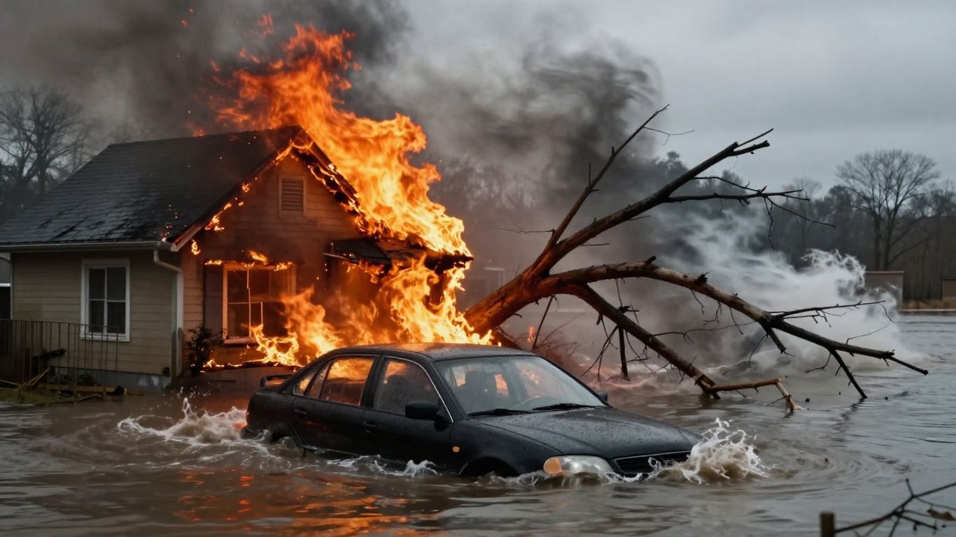 Natural disasters threatening a home and car.