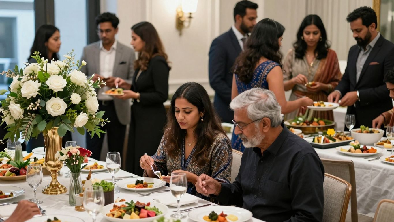 Elegant catering setup with food, flowers, and guests.