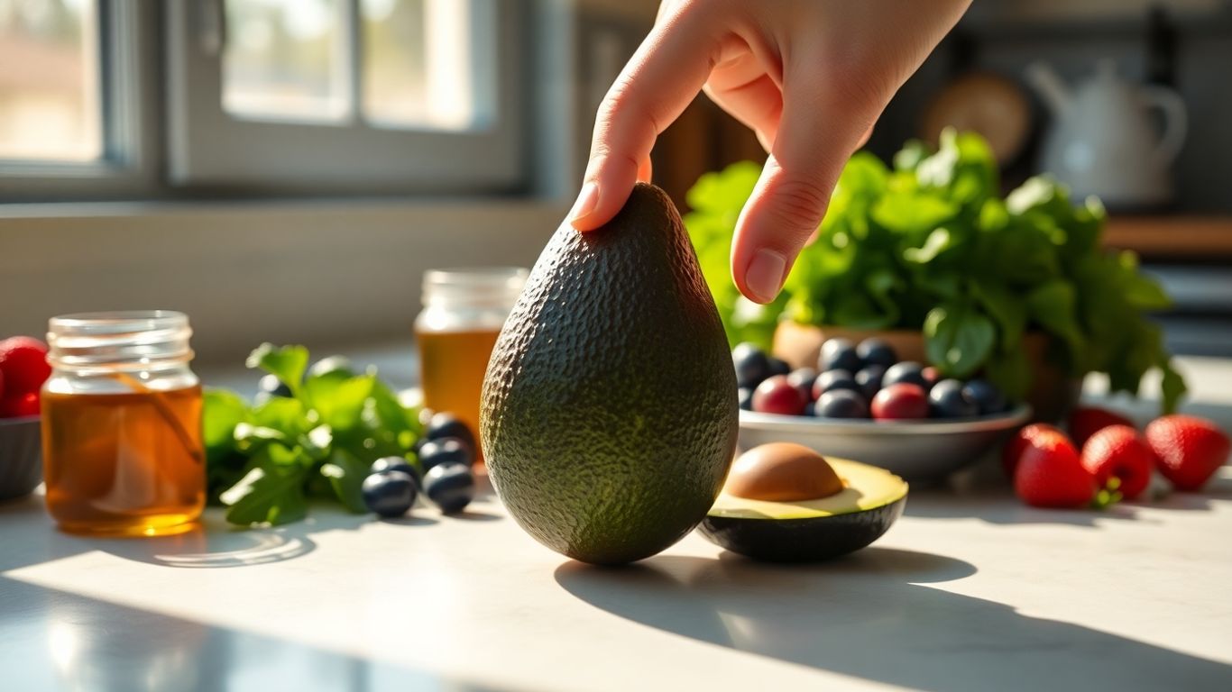 Woman reaching for avocado on counter