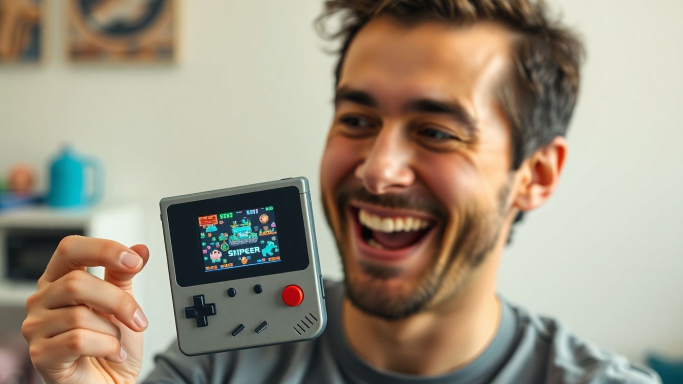 Čovek drži retro igricu, srećan osmeh na licu.