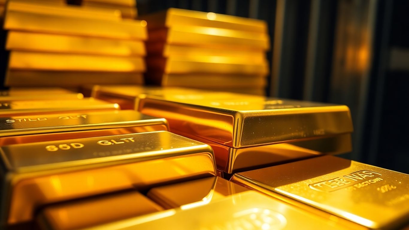 Gold bars stacked, reflecting light.