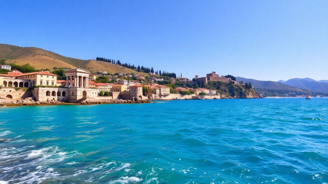 Scenic Italian coast with ancient ruins and cypress trees.