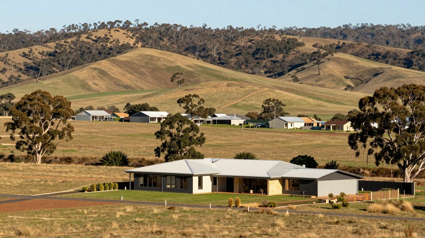 Modern house on Australian rural land with hills.
