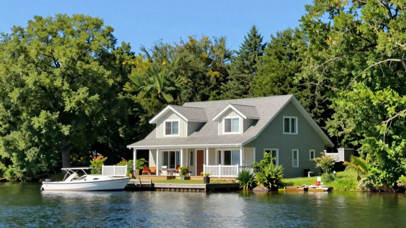 Casa de vacaciones junto a un lago tranquilo.