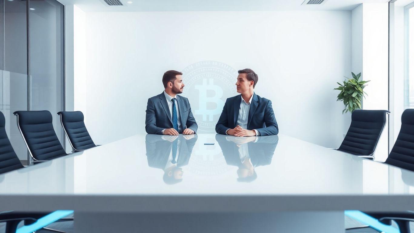 Business people discussing large crypto transactions at a desk.