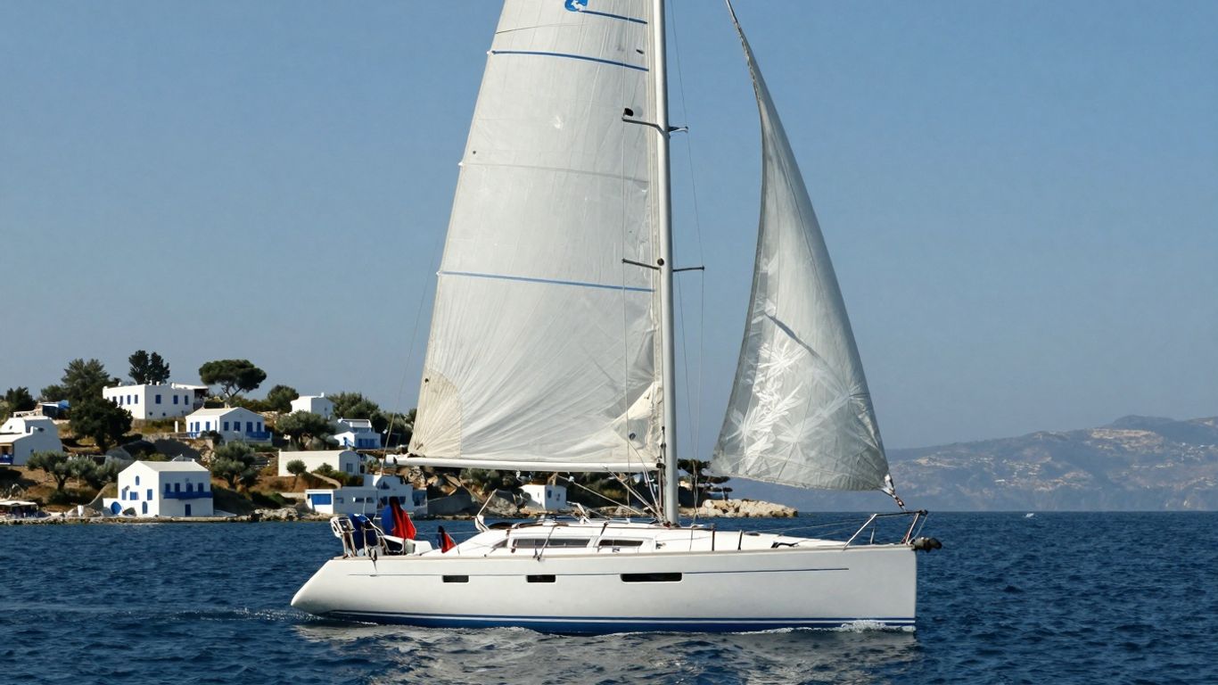 Sailboat on blue water near Greek island.
