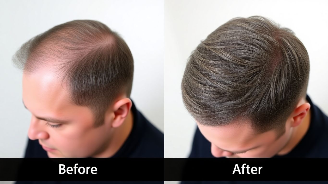 Man's hair transformation from thinning to fuller growth.