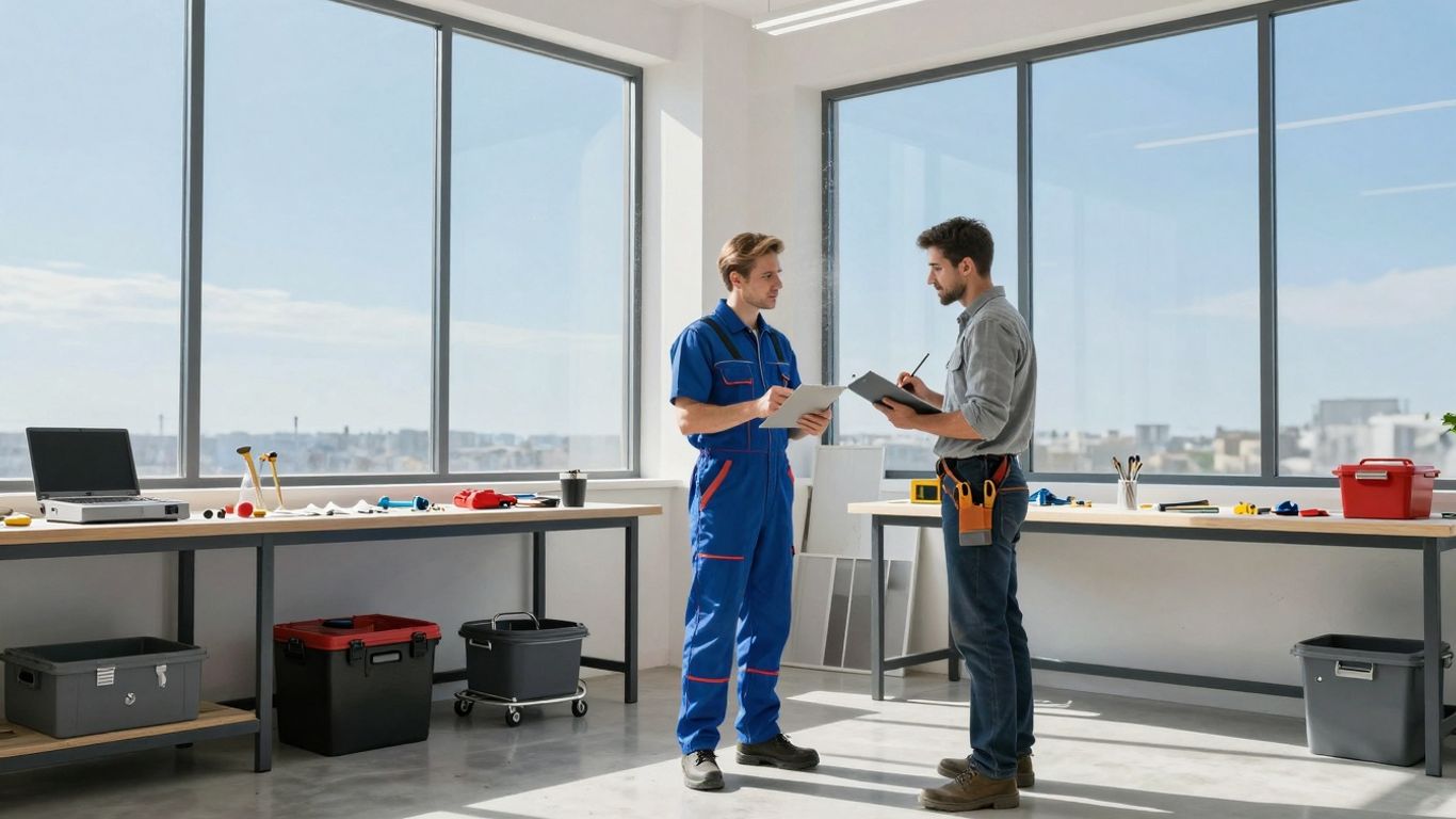 Plumber and electrician working together in a modern workshop.
