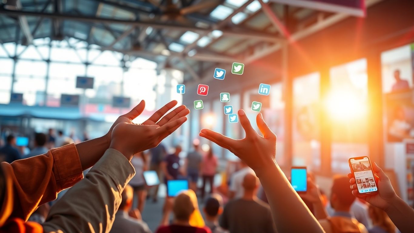 Digital marketplace with hands exchanging social media icons.