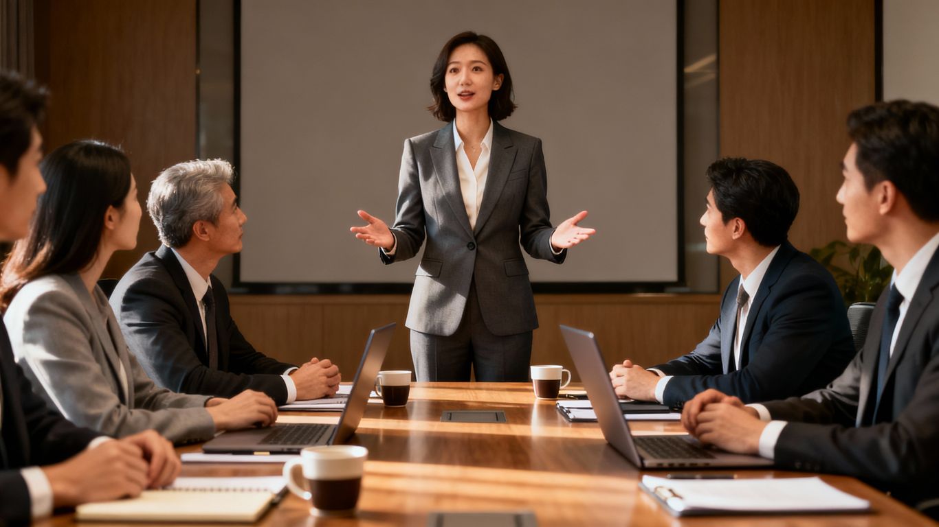 Woman speaking confidently in a meeting.