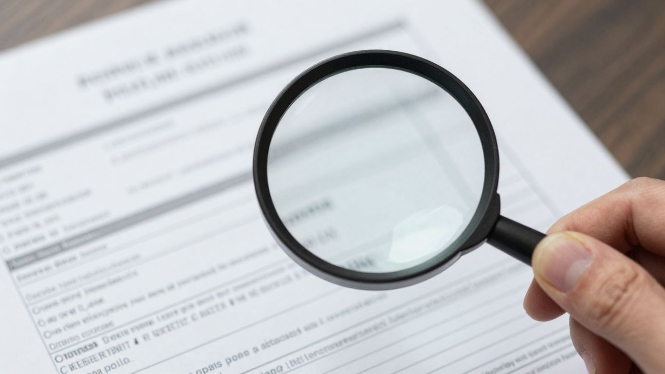 Magnifying glass over insurance policy details.