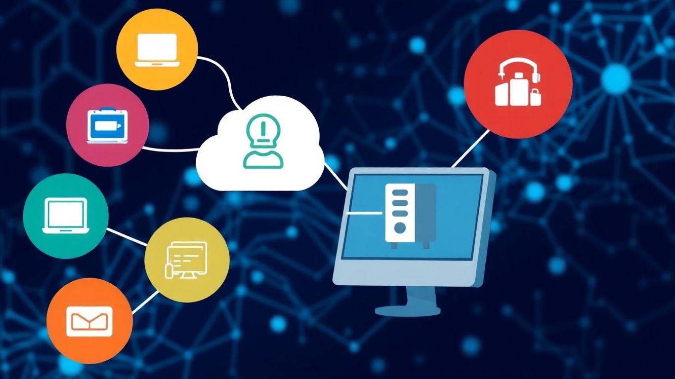 Infographic of remote IT support software icons and connectivity.