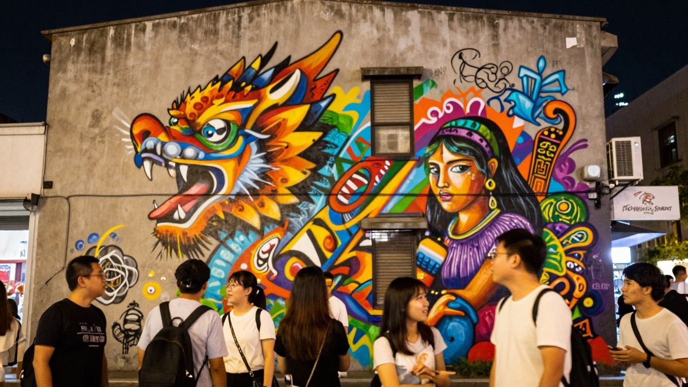 Artă stradală vibrantă transformând fațada unei clădiri urbane.