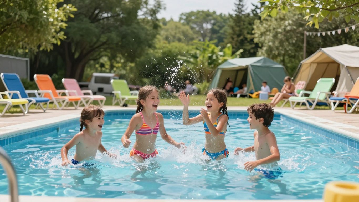Gezin geniet van zwembad op camping, plezier gegarandeerd.