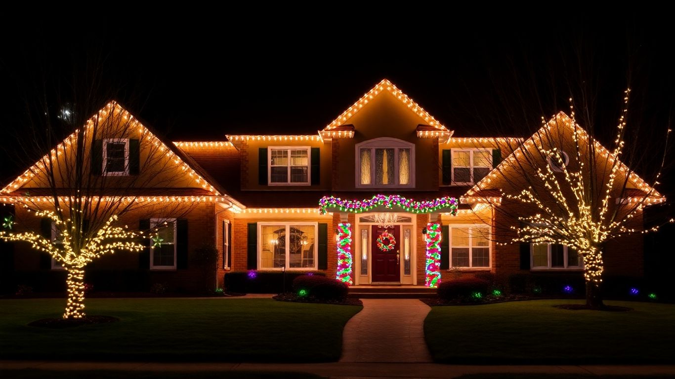 House with permanent Christmas lights at night.