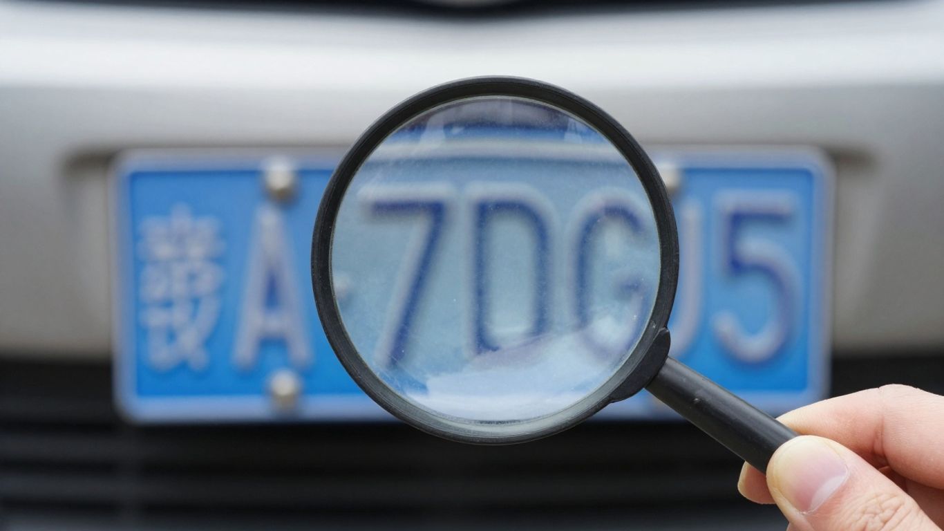 Plaque d'immatriculation sous une loupe, arnaque potentielle.