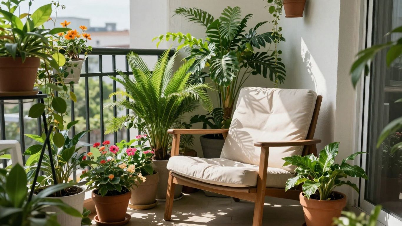 Grüne Pflanzen und Möbel auf einem sonnigen Balkon