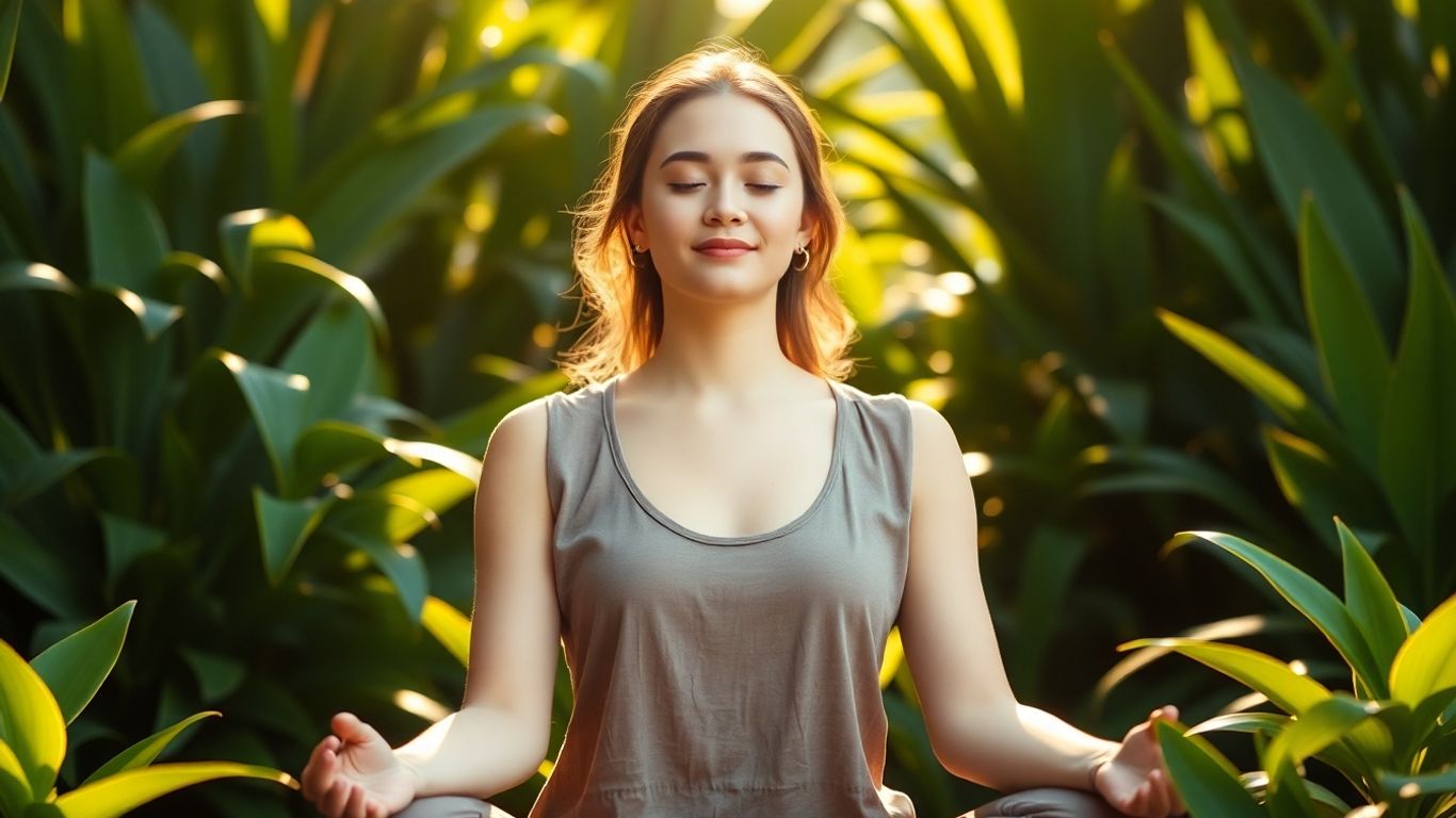 Woman in peaceful yoga pose surrounded by plants