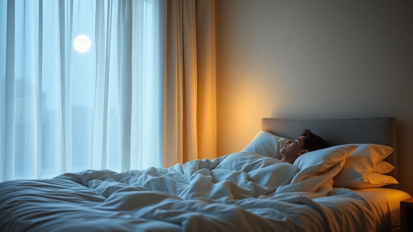 Person sleeping peacefully in a moonlit bedroom.