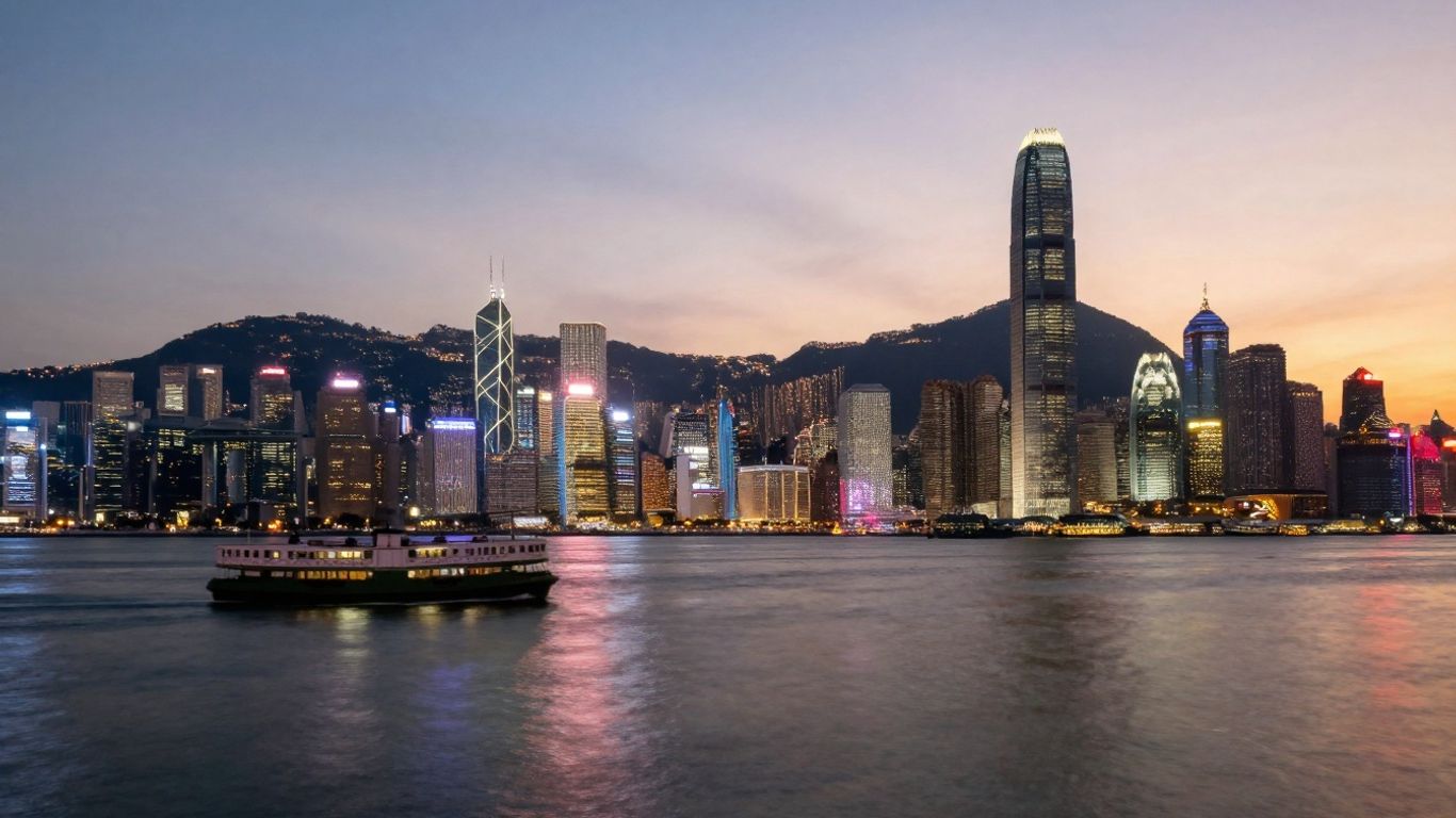 Hong Kong skyline at dusk with harbor lights.