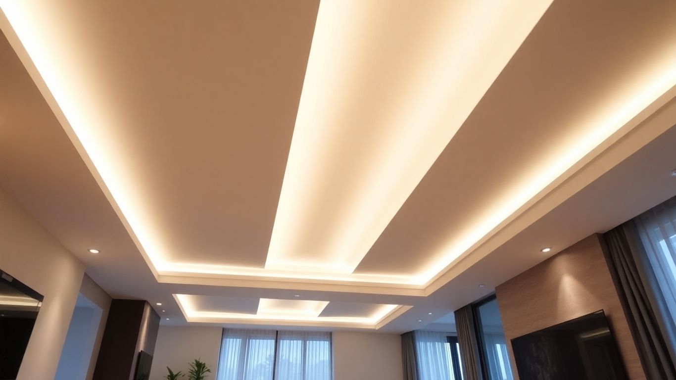 Rebaixamento de teto moderno com rasgos de luz embutidos.