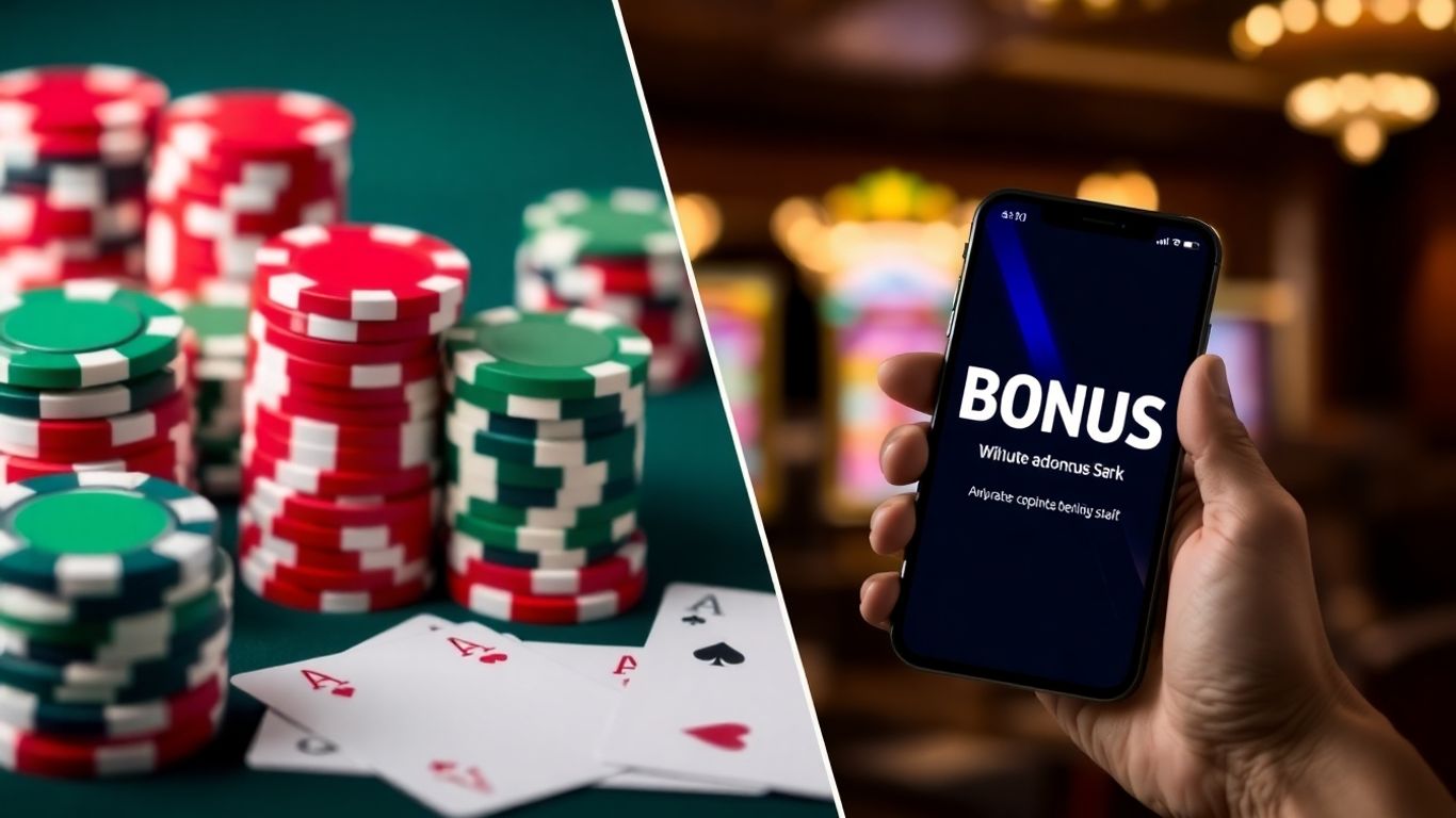 Casino chips, cards, and smartphone with bonus offer.