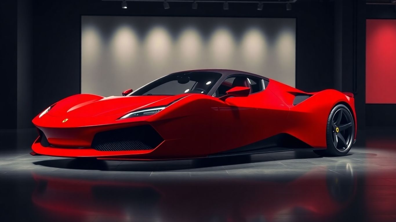 Ferrari electric sports car on showroom floor.