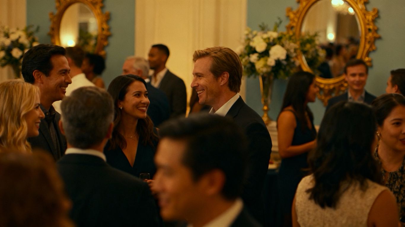 People interacting politely at a sophisticated event.