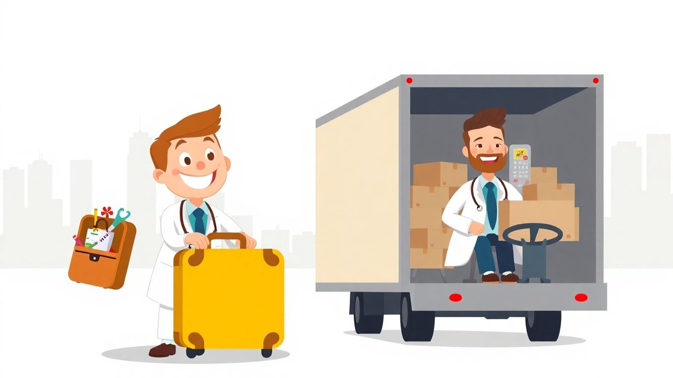 Doctor moving for residency with packed boxes and truck.