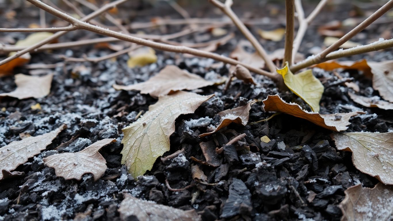 Boden mit Blättern und Frost im Winter