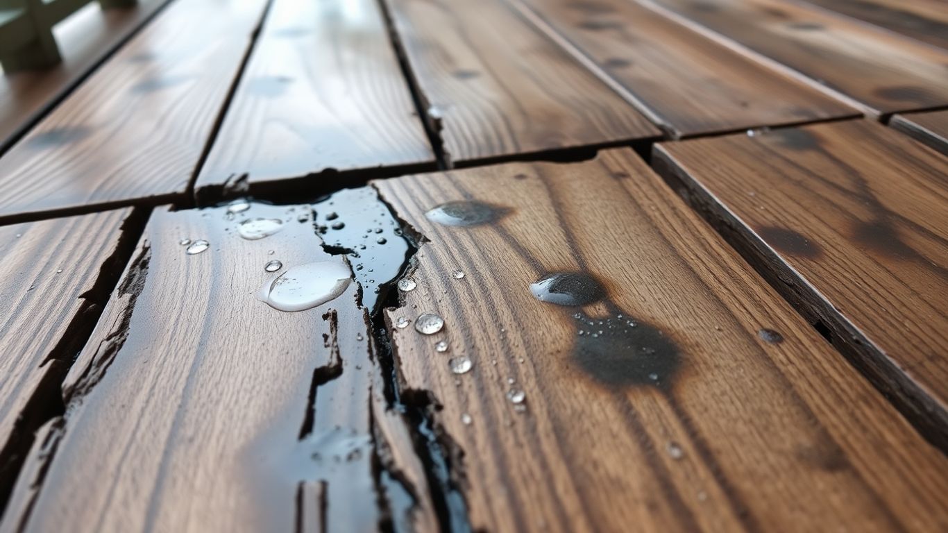 Damaged wooden deck with water stains and warping.