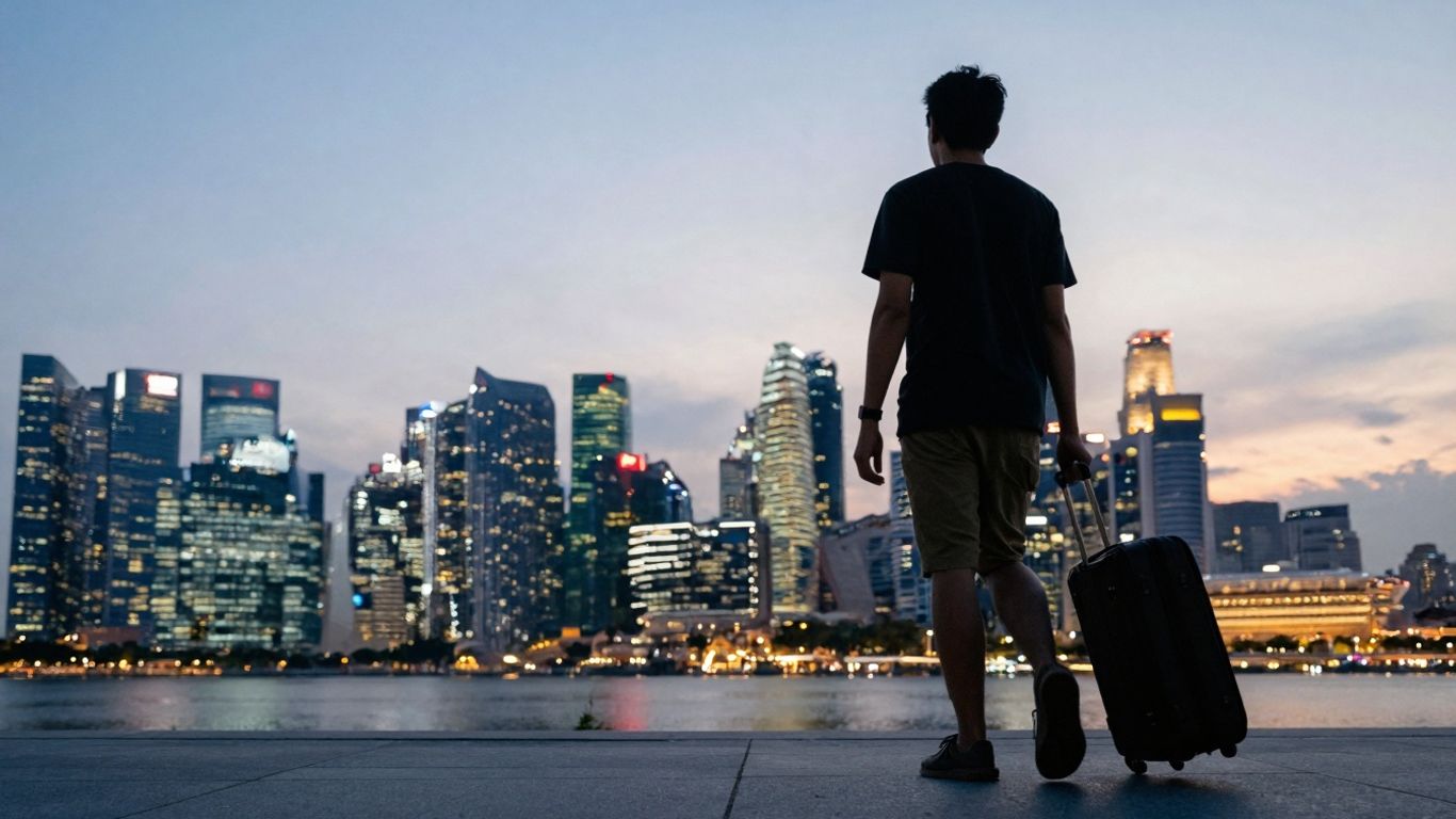 Expats leaving Singapore skyline at dusk with suitcases.