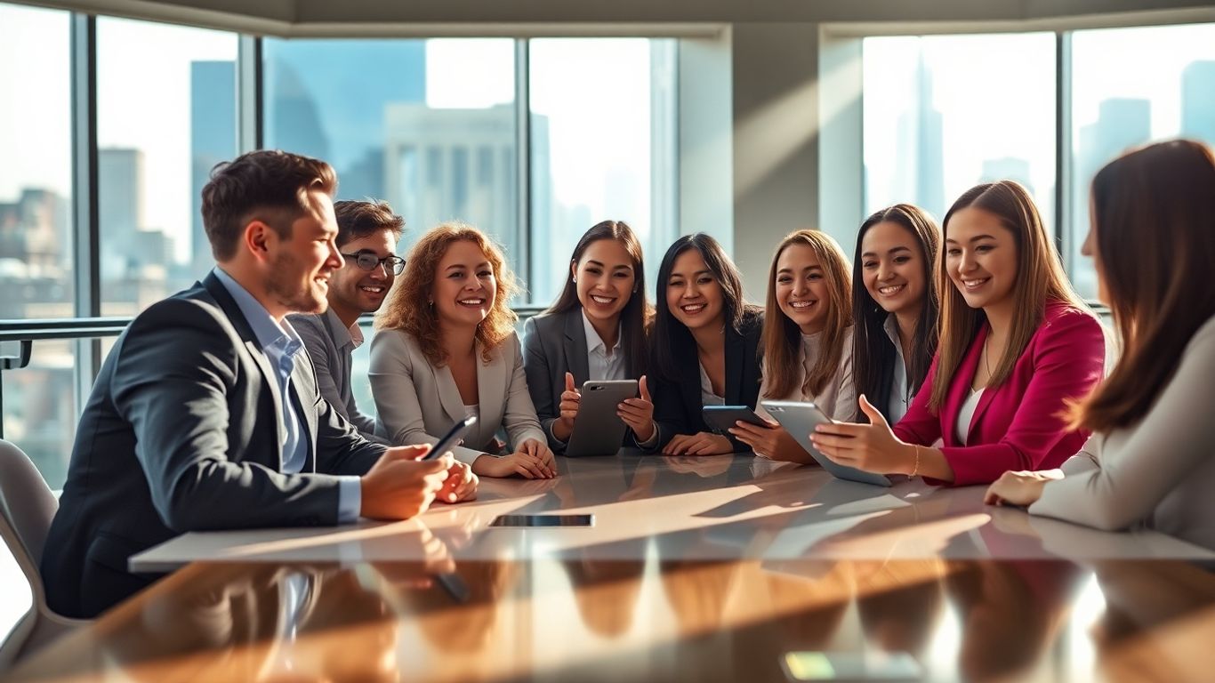 People collaborating around a table with digital devices.