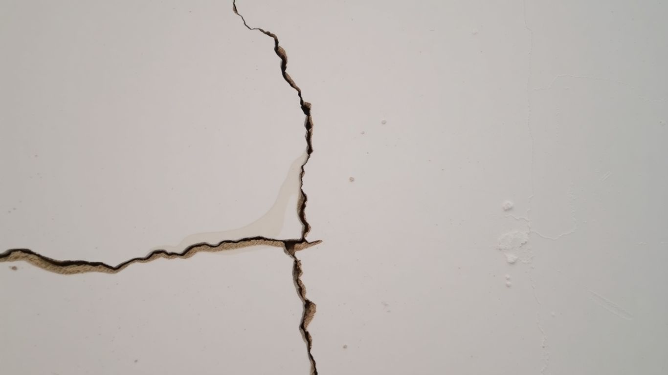 Damaged drywall with water stains and cracks.