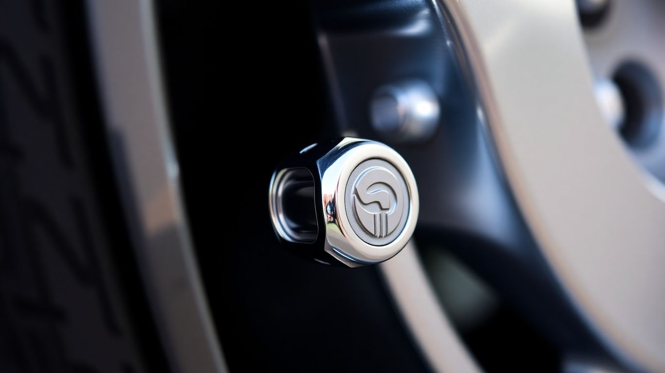 Stylish valve stem caps on a car tire.