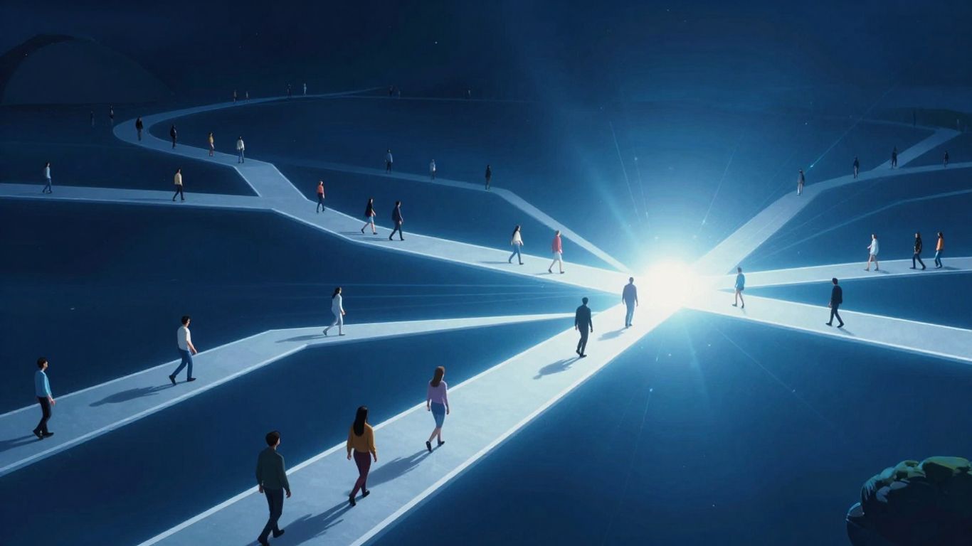 Digital pathways expanding towards a bright, illuminated destination.