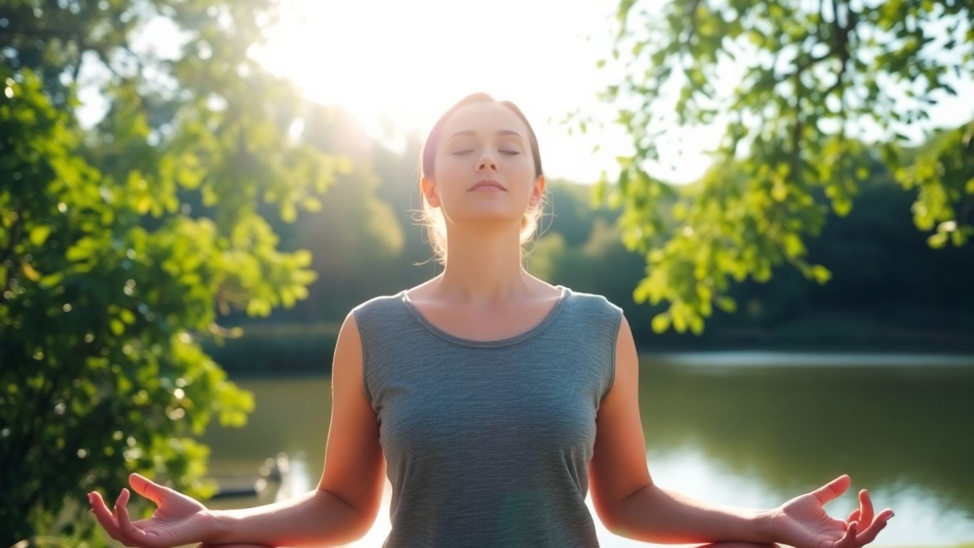 Person meditating peacefully outdoors near water.