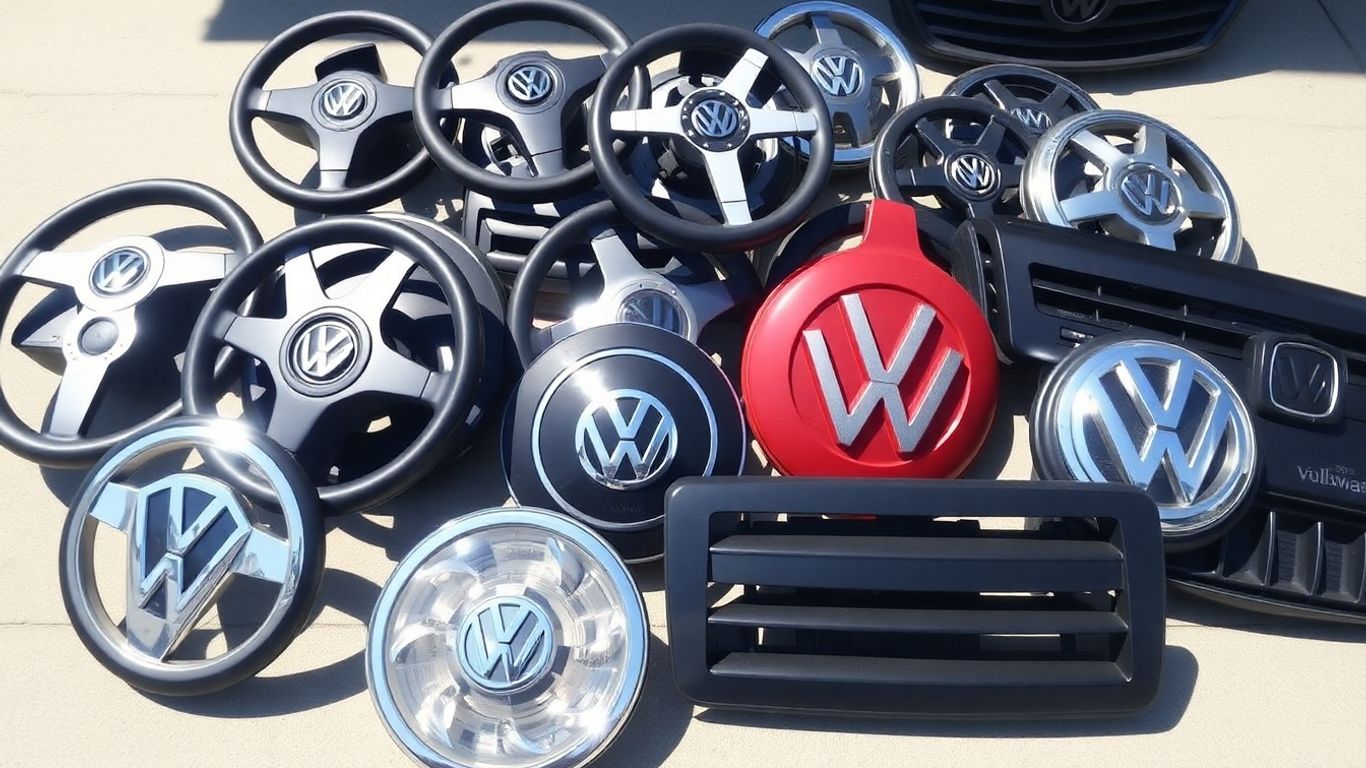 Assortment of used Volkswagen car parts and accessories.