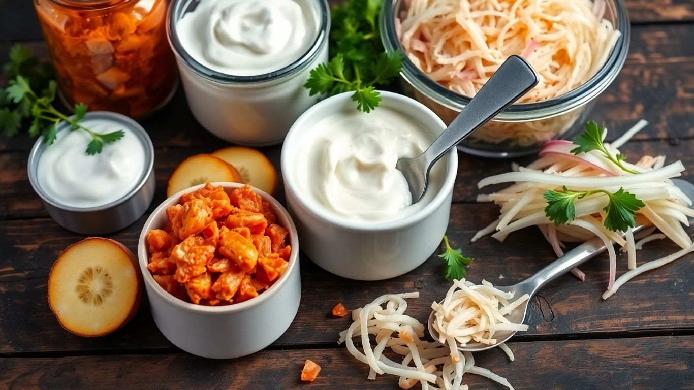 Assortment of colorful fermented foods like yogurt and kimchi.